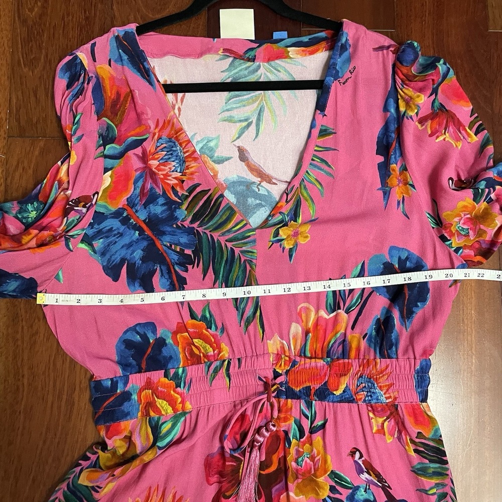 Farm Rio V-Neck Long Sleeve Floral Midi Dress Boho Tropical Pink Sz L B39 - Picture 12 of 15
